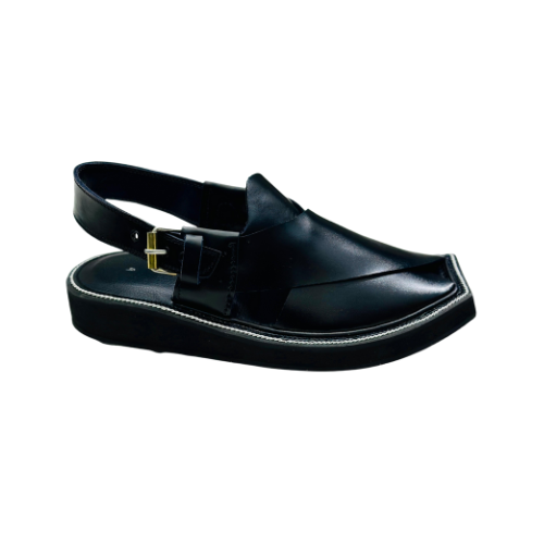 "Kaptaan Black Leather Peshawari Chappal for Men