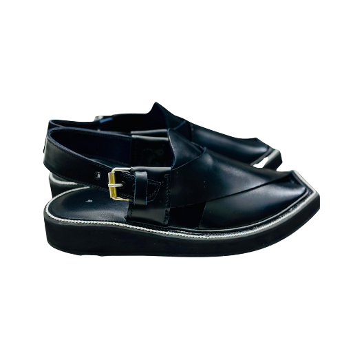 "Kaptaan Black Leather Peshawari Chappal for Men