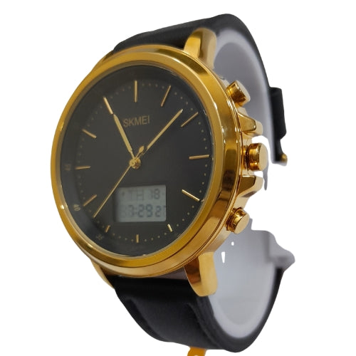 "SKMI Luxury Men's Analog-Digital Watch – Gold Case with Black Leather Strap"