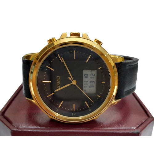 "SKMI Luxury Men's Analog-Digital Watch – Gold Case with Black Leather Strap"