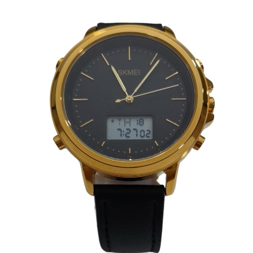 "SKMI Luxury Men's Analog-Digital Watch – Gold Case with Black Leather Strap"