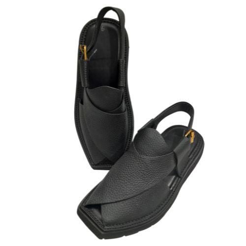 "Kaptaan Black Dotted Leather Peshawari Chappal for Men"