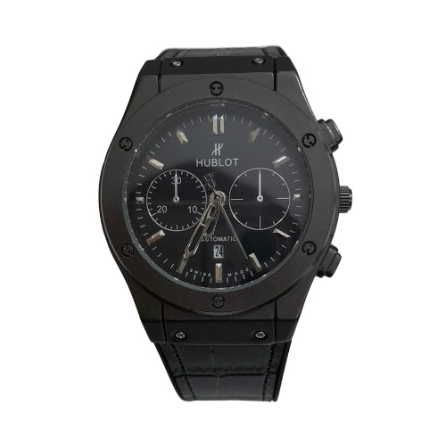 "HBLT Black Dial Quartz Watch with Black Leather Strap – Luxury Timepiece"