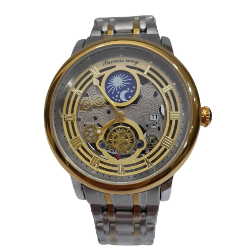 " RLX Two-Tone Gold and White Automatic Watch – Roman Design Luxury Timepiece"