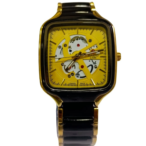 "Square Dial Two-Tone Black and Gold Watch – Luxury Timepiece with Golden Face"