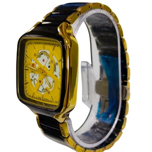 "Square Dial Two-Tone Black and Gold Watch – Luxury Timepiece with Golden Face"