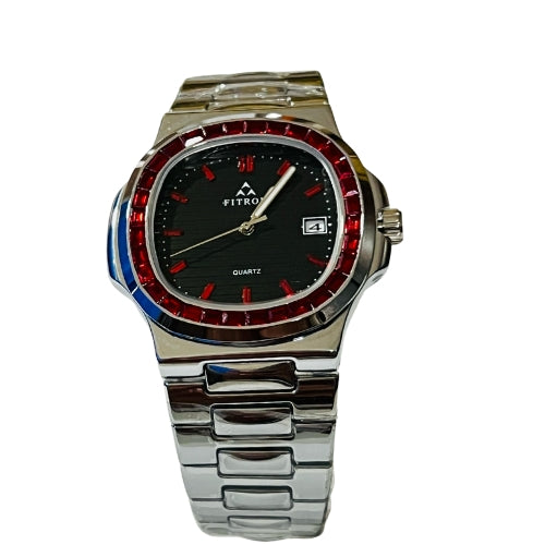 "FTRN Silver Watch – Bold Black, Red, and Blue Accents Luxury Timepiece"
