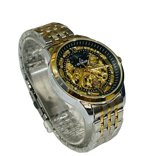 "FTRN Automatic Two-Tone Gold and White Watch – Elegant Black Dial Luxury Timepiece"
