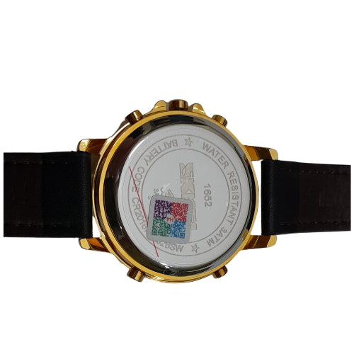 "SKMI Luxury Men's Analog-Digital Watch – Gold Case with Black Leather Strap"